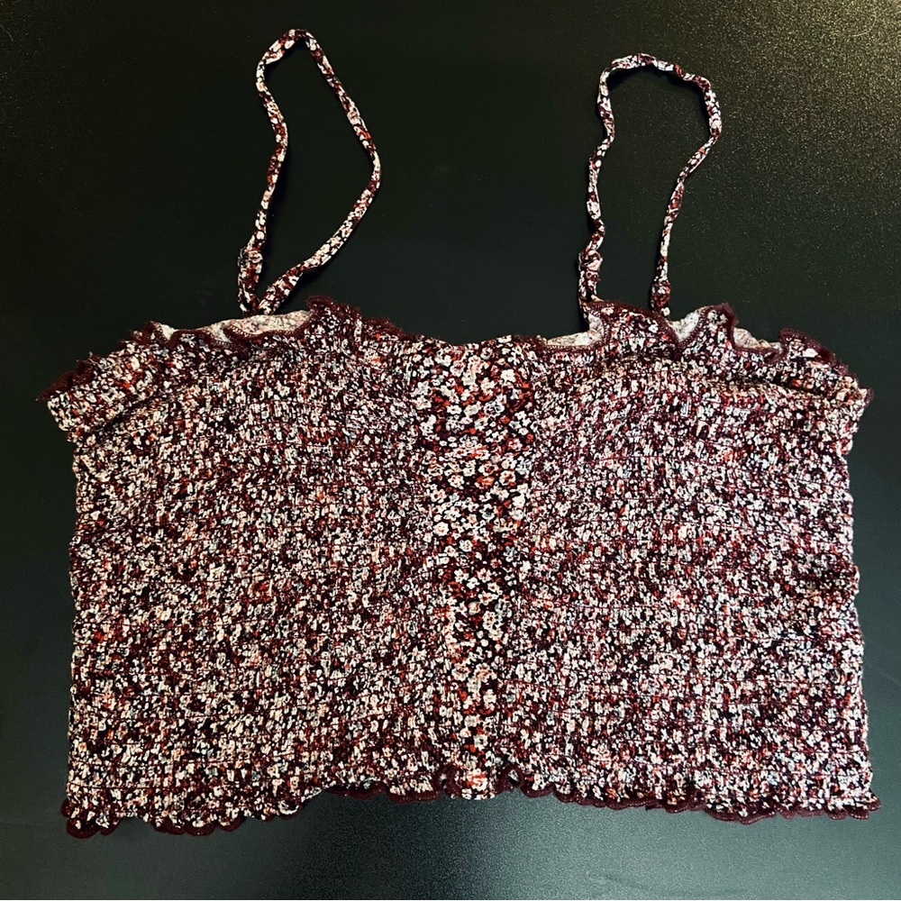 American Eagle Burgundy Floral Smocked Crop Top